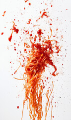 
Flying spaghetti flying mid-air with marinara sauce splashes and parmesan sprinkles, vibrant and appetizing, isolated on white background. Copy space.