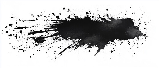 Obraz premium Black ink Splatter, black paint, ink brush strokes, brushes, lines, grungy. Black inked splatter dirt stain splattered spray splash with drops blots. White background. Copy space for text. Banner.