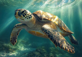 Fototapeta premium Majestic Sea Turtle Swimming Gracefully Through Clear Blue Ocean Waters, Sunlight Filtering Through, Underwater Scene of Marine Life and Coral Reefs