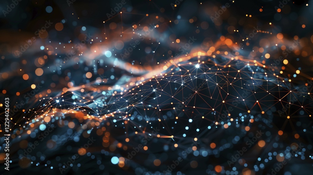 Poster a futuristic digital network with orange and blue glowing lines and nodes, creating an abstract and 