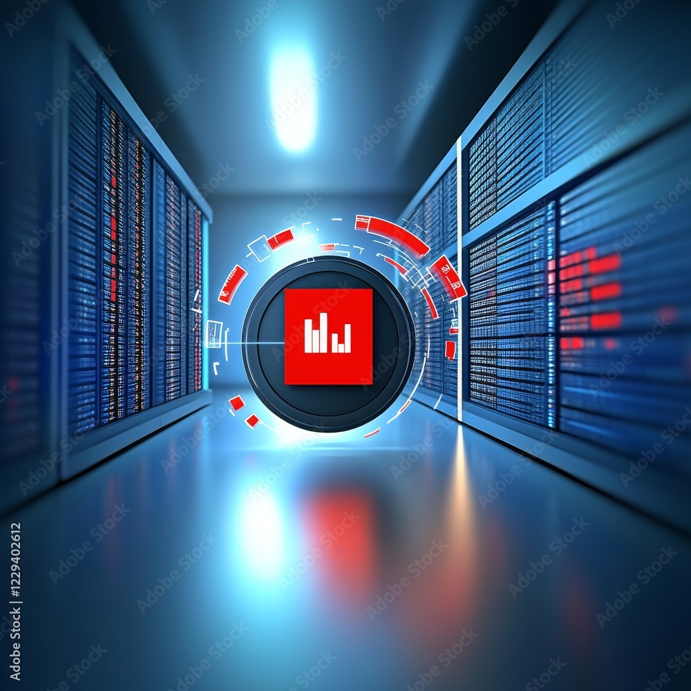 Poster a futuristic data center with glowing server racks and a central graphic representing analytics and 