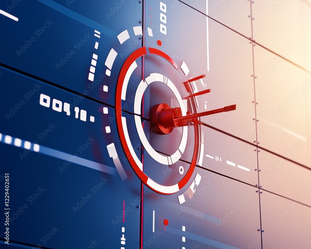 Poster a vibrant, futuristic target design on a blue backdrop, featuring circular patterns and lines evokin