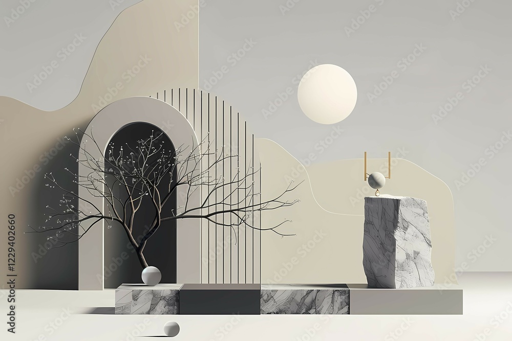 Poster modern abstract composition with minimalistic geometry and muted colors in a still life setting, ill