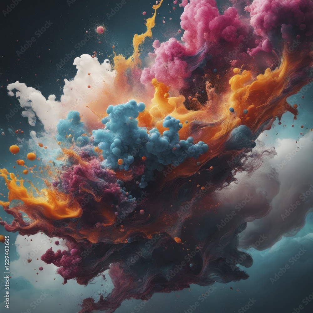 Poster abstract explosion of colorful smoke and paint clouds creating a dynamic and vibrant atmosphere, ai 