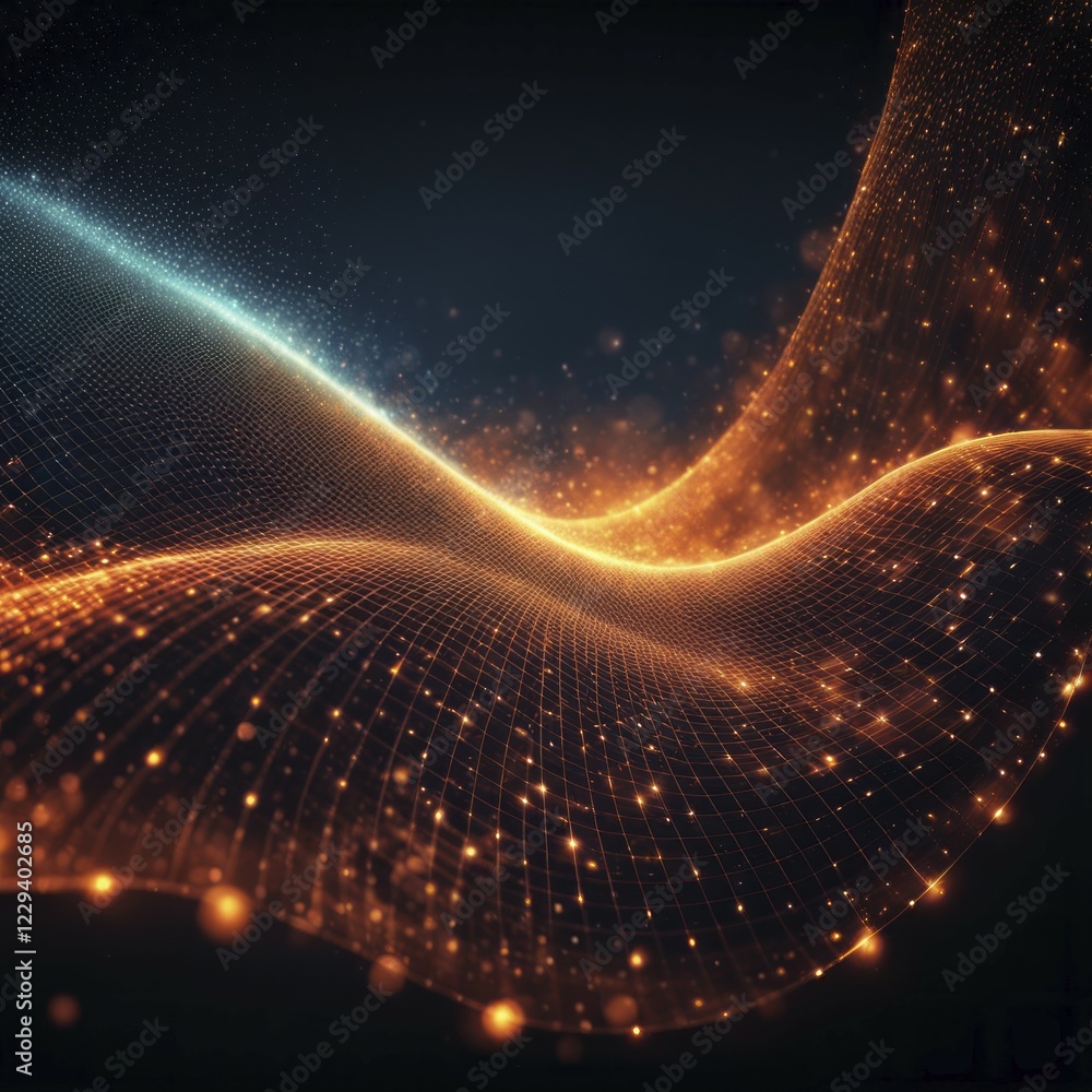Poster futuristic glowing lines and particles create an abstract digital wave against a dark background, fi