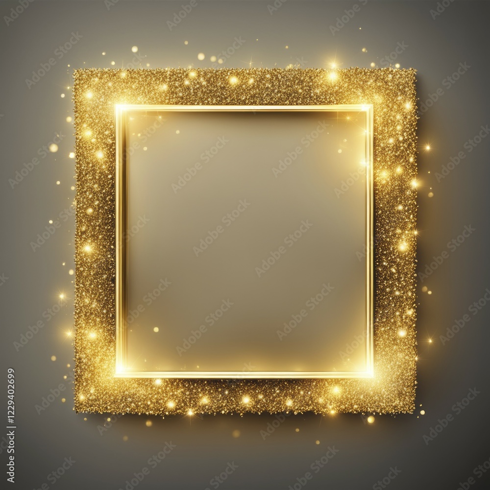 Poster bright golden square frame with glittering sparkles and stars on a gradient background, creating a f