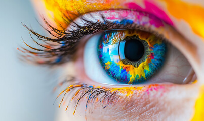 Human blue eye close up with rainbow colored paint, ink splashes and drips. Woman eye. 