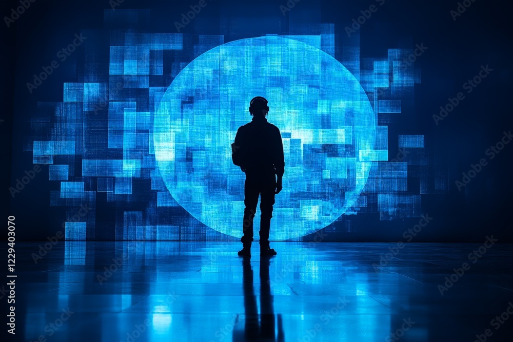 Poster individual standing in front of a large blue digital screen depicting abstract patterns in a modern 