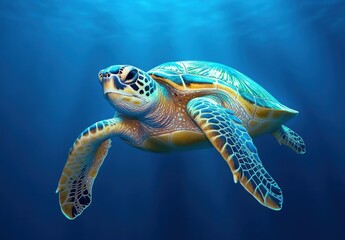 Obraz premium Majestic Sea Turtle Swimming Gracefully Through Clear Ocean Waters Surrounded by Sunlight Beams and Vibrant Aquatic Life