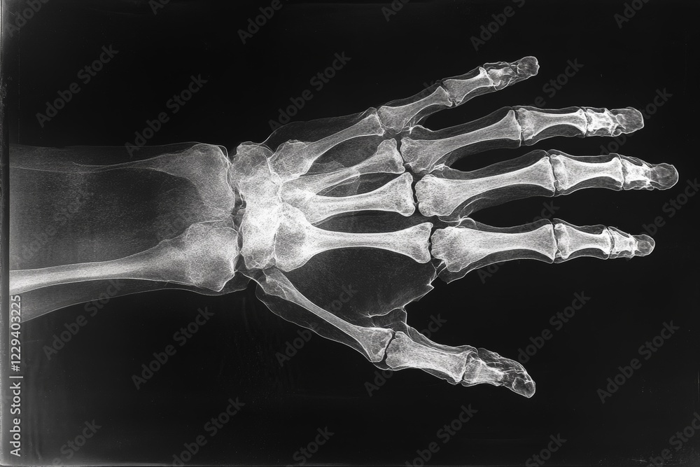 Poster detailed x-ray of a human hand showing bones and joints clearly in a clinical setting