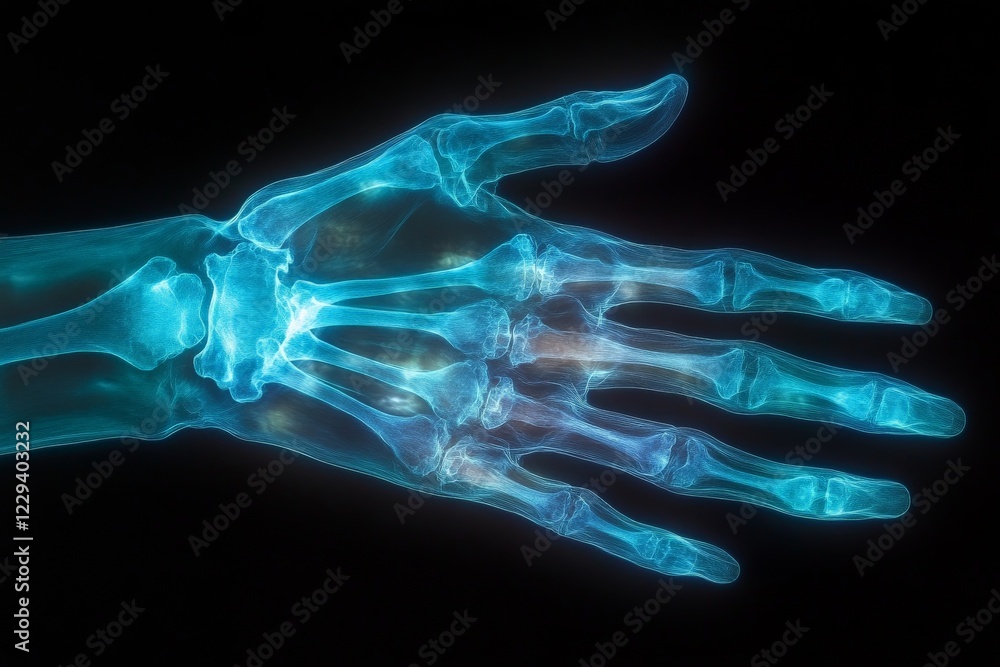 Poster detailed schematic of a human hand showcasing skeletal structure with blue translucence against a bl