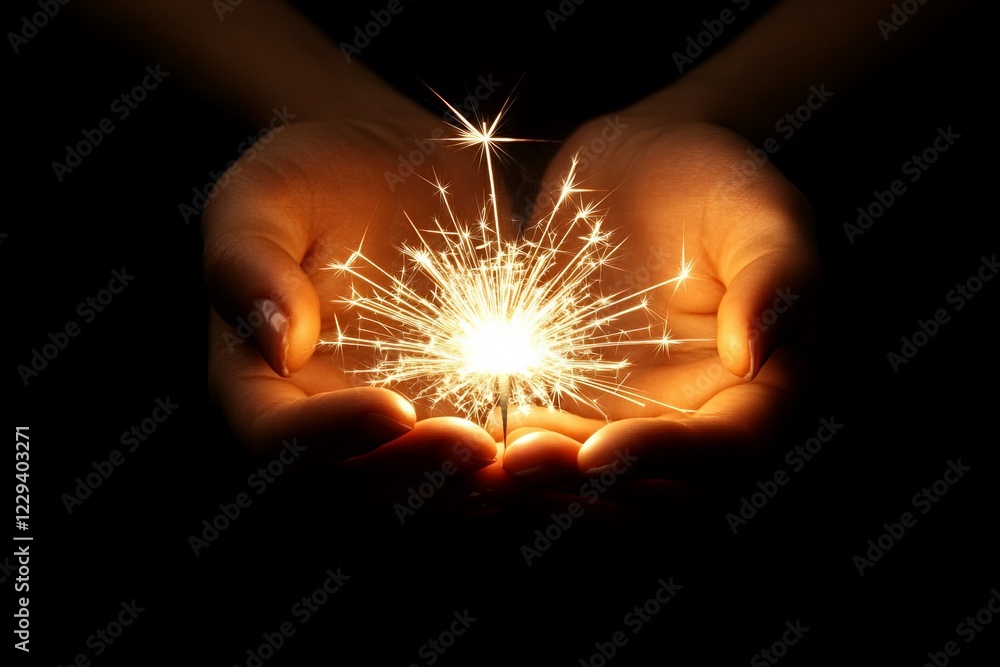 Poster hands holding glowing sparkler in dark surroundings, creating a festive atmosphere