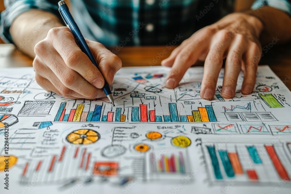 Fototapete creative brainstorming session with colorful charts and graphs on a wooden table