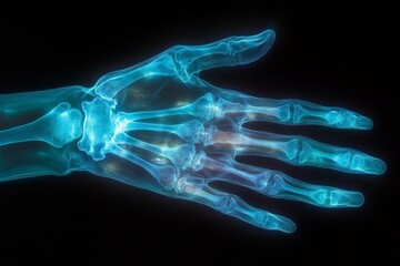 Detailed schematic of a human hand showcasing skeletal structure with blue translucence against a black background