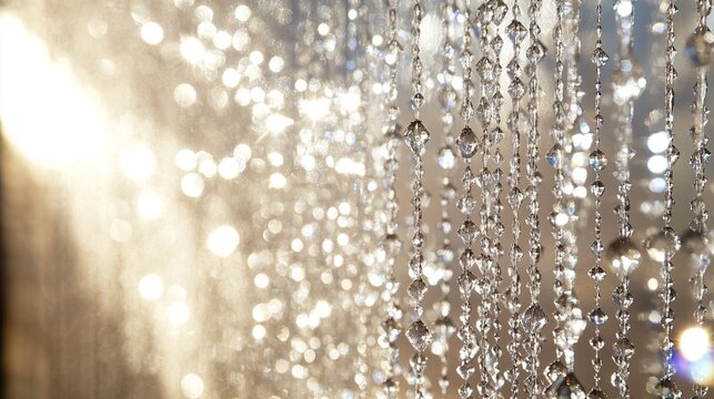 Sparkling water drops on strings, sunlight bokeh.