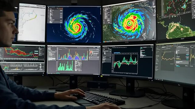 Man, monitors and computer with weather analysis and hurricane tracking for research, climate and science. Data, forecasting and meteorology with screen for digital map, analysis 