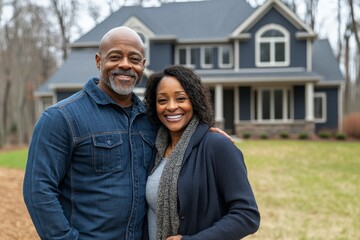 Happy couple poses together in front of their new house on a sunny day in the countryside