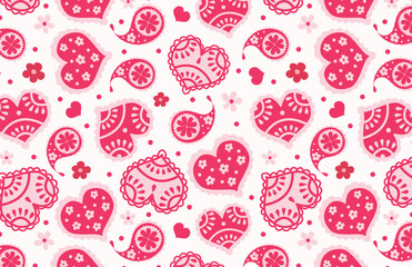 Seamless pattern with hearts. Delicate hand-drawn pattern with pink and red hearts. An illustration for Valentine's Day. Print, vector ornament for printing on fabric, postcards, packaging and wallpap