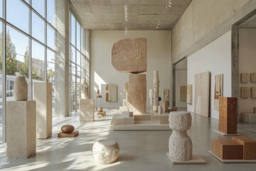 Contemporary art installation showcasing sculptural pieces in a bright gallery space with large...