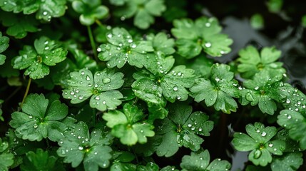 Water reflects the environment. Nature spring photography of raindrops on plant leaves. Background image with blurred greenish leaves.