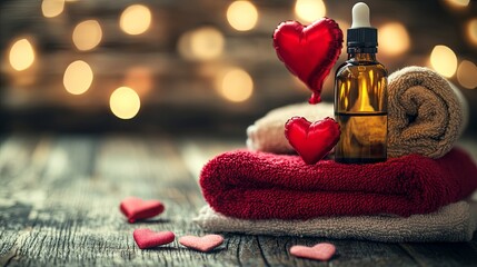 Valentine massage deal: essential oils displayed with a heart-shaped balloon and towels. picture