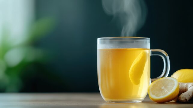 bevarage photography, ginger lemon antioxidant tea in a glass cup on a wooden table with fresh ginger and lemon, and a cozy kitchen background