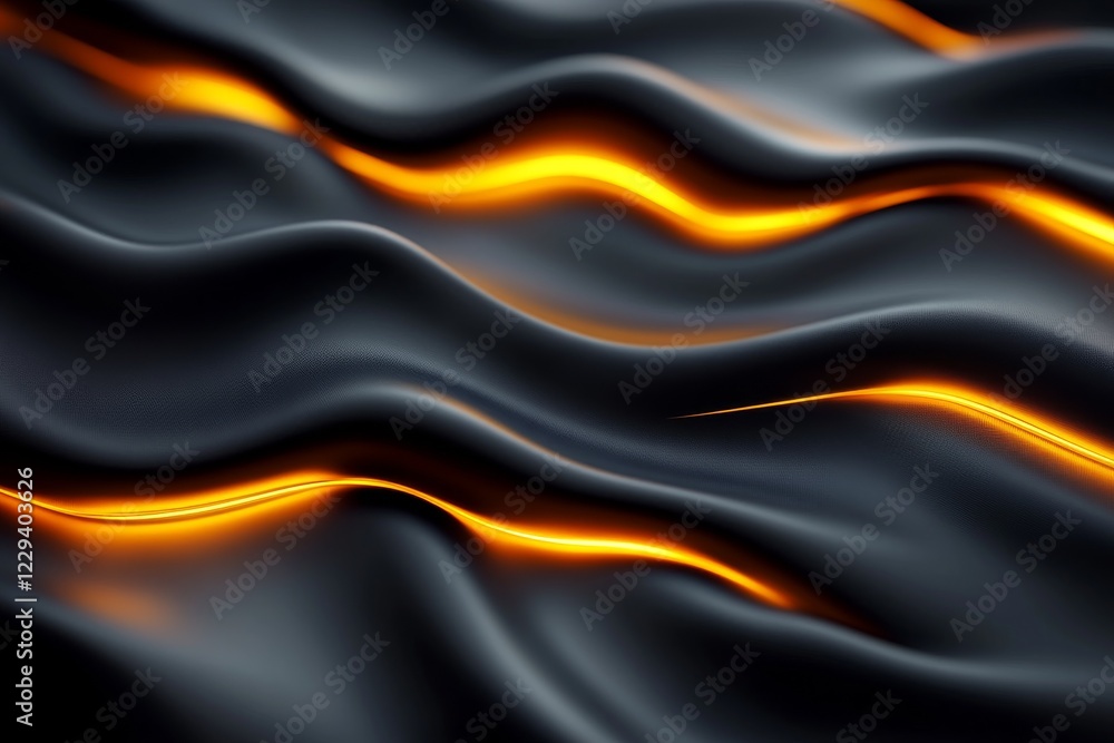Poster wavy fabric texture with glowing lines creates an abstract design in dark tones