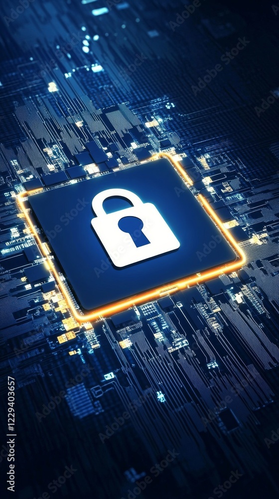 Poster a digital lock symbol over a circuit board background, representing cybersecurity and data protectio