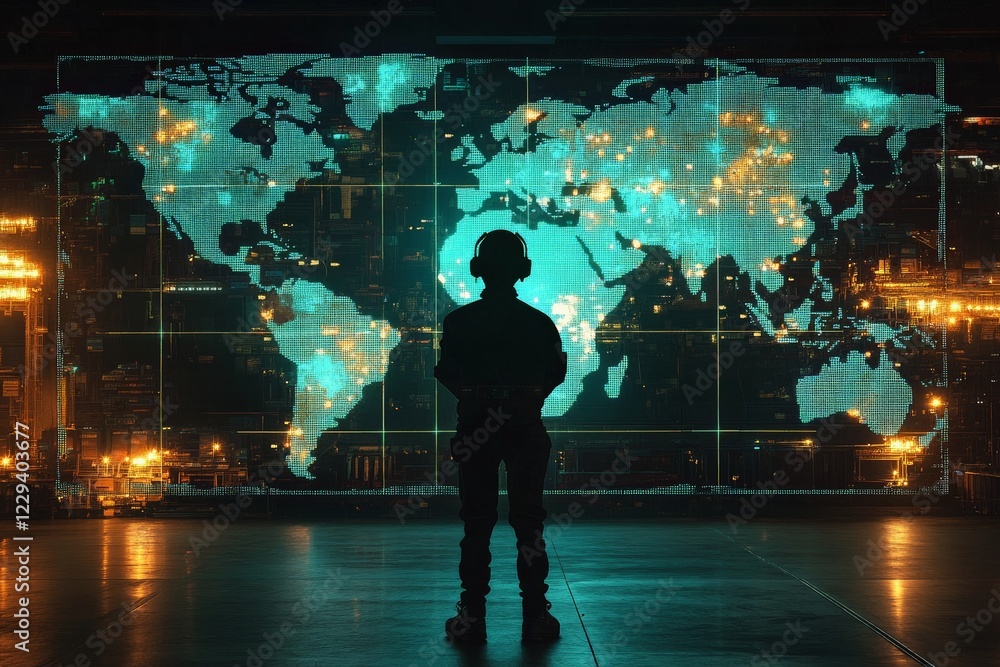 Poster silhouette of individual viewing digital world map with glowing lights at night in high-tech control