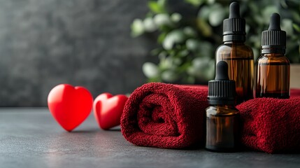 Valentine massage deal: essential oils displayed with a heart-shaped balloon and towels. picture