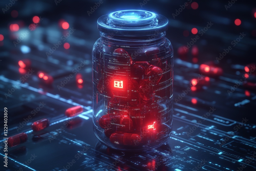 Aufkleber Digital jar containing glowing red capsules on a high-tech circuit board background, suggesting themes of technology and innovation