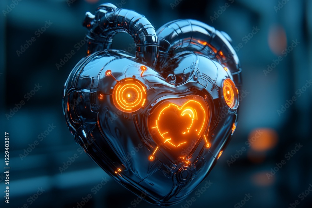 Poster futuristic metallic heart with glowing elements in a digital environment