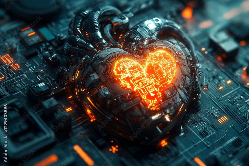 Fototapete heart-shaped circuit design glowing in a futuristic technological setting with intricate details and