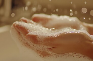Obraz premium A person is thoroughly washing their hands with soap at a sink