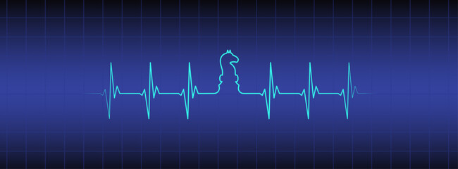 Editable line heart rhythm illustration on blue medical monitor with chessboard piece horse, heartbeat line vector design to use for healthcare, business idea, healthy lifestyle, brainstorm projects. 