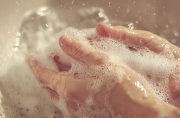 Fototapeta premium A person is thoroughly washing their hands with soap at a sink