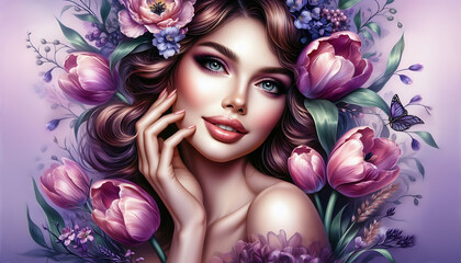 Naklejka premium Beautiful woman with pink tulips in spring image, romantic spring mood, lilac background, Woman’s Day, illustration, oil paints style