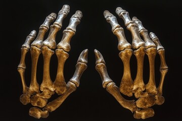 Hands skeletons displayed for educational purposes in a museum setting, highlighting the structure of human bones