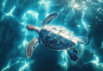Majestic Sea Turtle Swimming Gracefully Through Crystal Clear Ocean Waters Lit by Sunlight Beaming From the Surface Above