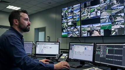 Man, computer and control room with security, monitoring and surveillance for technology. Caucasian, male person and screen with watching, working and system for safety, management and data - Powered by Adobe