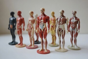 Collection of anatomical models arranged in a line showcasing human muscle structure and diversity in design