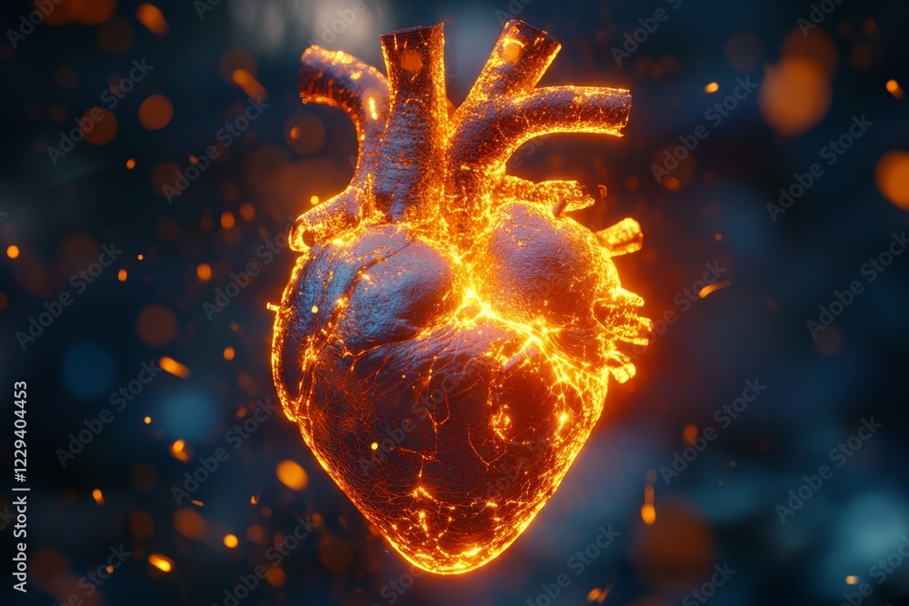 Poster heart glowing with fiery energy suspended in dark space surrounded by particles and light sparks