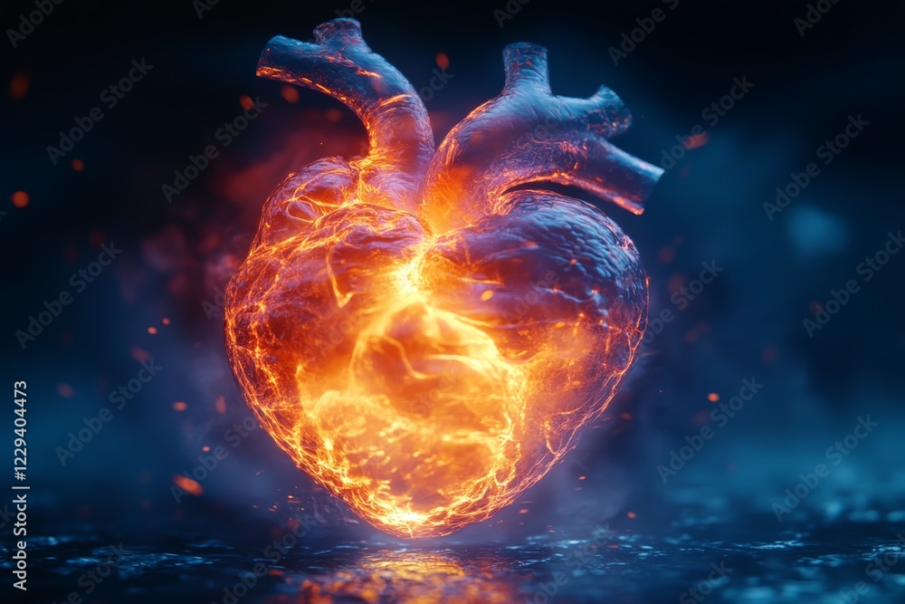 Aufkleber heart glowing with fiery warmth in a dark, mystical environment illuminated by vibrant colors