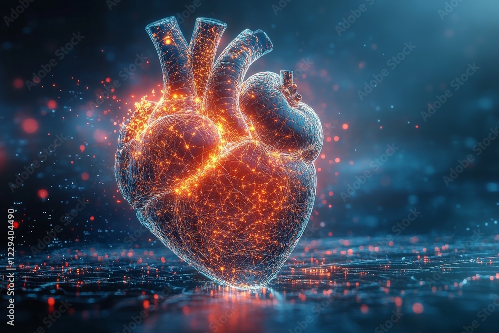 Poster digital representation of a heart showcasing glowing networks of energy in a futuristic setting