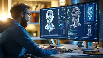 A 3D artist meticulously crafting characters in a sleek, minimalist studio environment.