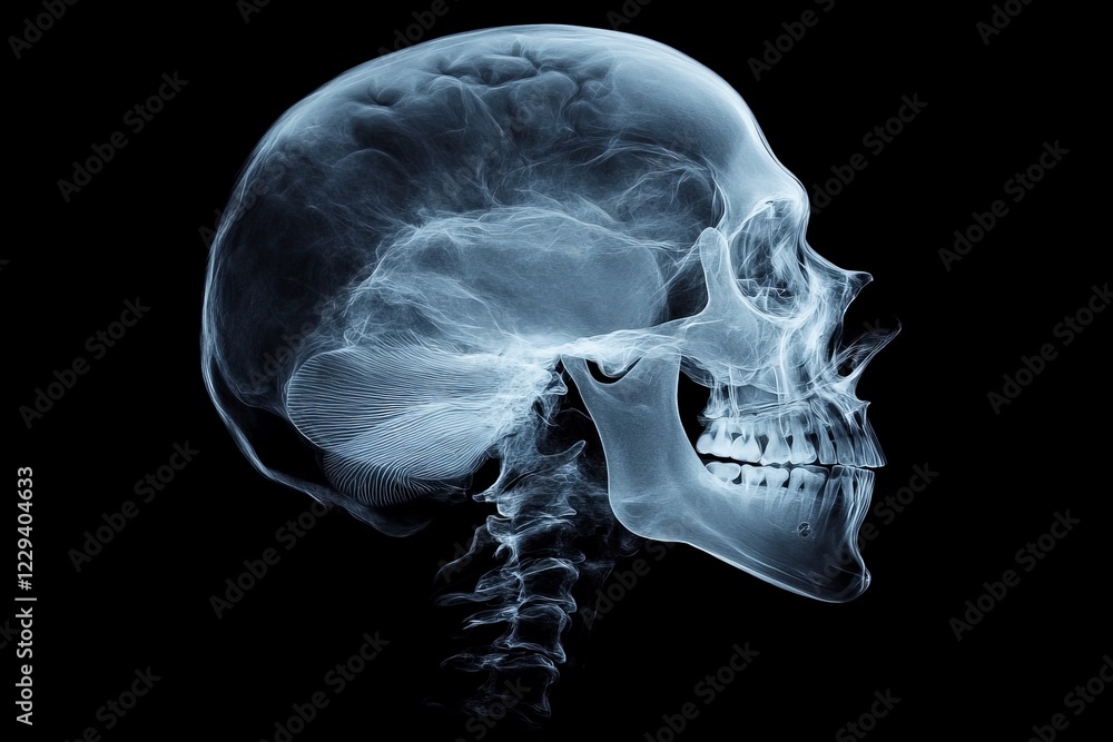 Poster x-ray of a human skull showcasing detailed cranial and facial structures in a side view