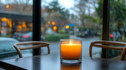 Candlelight cafe, rainy city view, cozy ambiance, relaxation