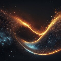 Obraz premium Bright abstract digital art with glowing orange and blue light waves on a black background, featuring sparkling effects, AI generated