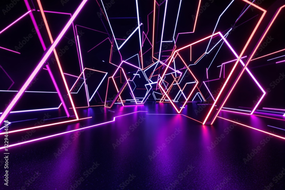 Aufkleber abstract glowing neon lines in geometric shapes. futuristic style on a dark reflective background. c