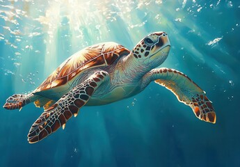 Fototapeta premium Majestic Sea Turtle Swimming Gracefully Through Crystal Clear Ocean Waters with Sunlight Streaming From Above and Vibrant Colors of Marine Life Displayed